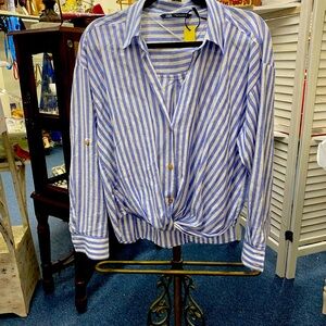 Zara Blue and White Striped Casual Shirt. Linen.